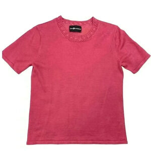 Sag Harbour Women's Coral Soft Sweater Top Medium Short Sleeve Crocheted Trim